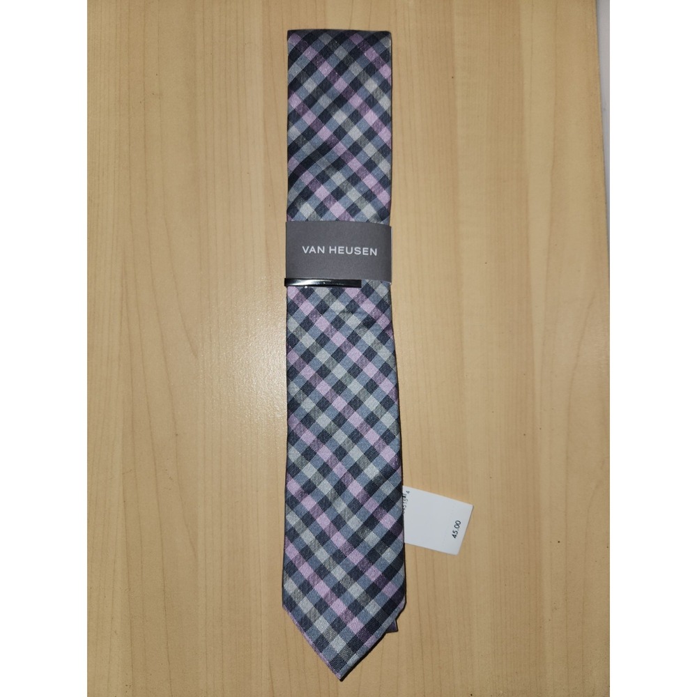Van Heusen Designer Neck Tie~Purple & Gray Plaid W/ Clip~85% Silk~NEW WITH TAGS